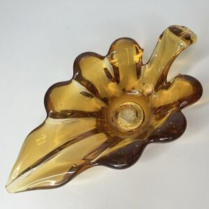 Vtg Amber Glass Leaf Bowl Votive Candle Holder 8 1/2" Hand Blown Heavy